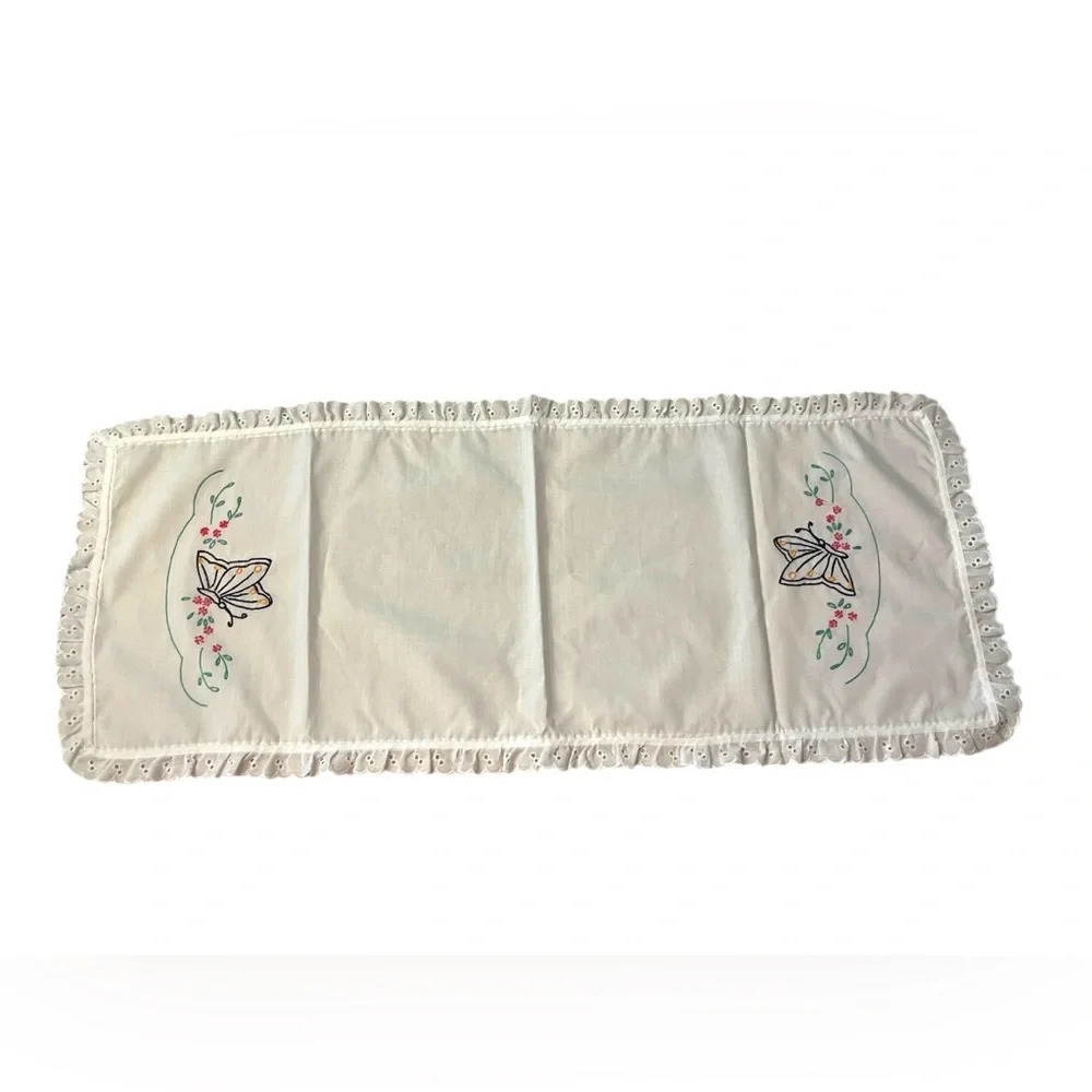 Vintage Hand Embroidered Butterfly Table Runner Floral Lace Dresser Scarf